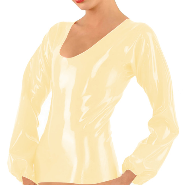 Womens Solid U-Neck Shiny PVC Leather Tops Elegant Lantern Long Sleeve Fashion Casual T-shirt Wetlook Oversized Slim Tops Female