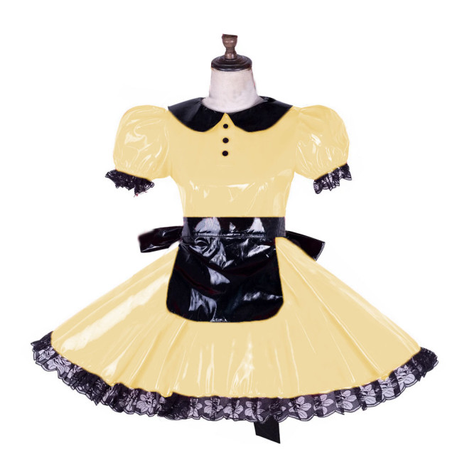Sexy Crossdressing Sissy Lockable Dress Short Puff Sleeve PVC Black Lace Frill  Mini Dress With Apron Faux Leather Costume