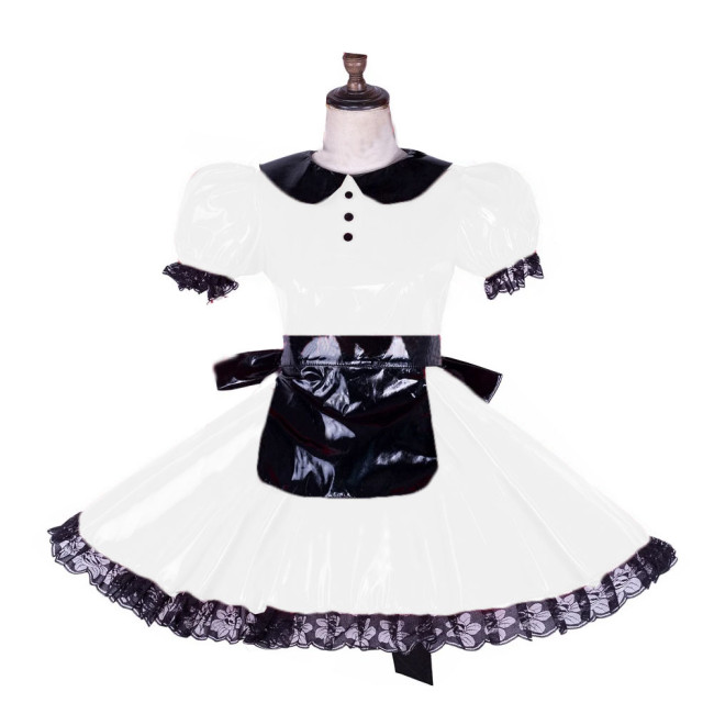 Sexy Crossdressing Sissy Lockable Dress Short Puff Sleeve PVC Black Lace Frill  Mini Dress With Apron Faux Leather Costume