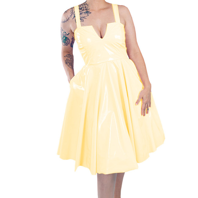 Fashion Sexy Sleeveless Suspender Women Dress Wet PVC Leather Summer Party Midi A-line Dress Female Elegant Dresses Club Vestido