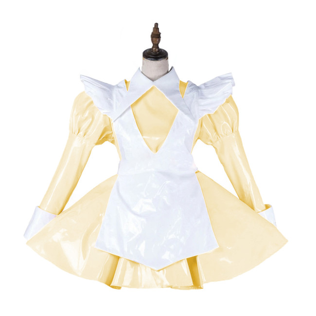 Sexy Sissy Dress PVC Long Sleeve French Maid Outfit Turndown Collar Cosplay Costume Shiny Lolita Dresses Crossdresser 7XL