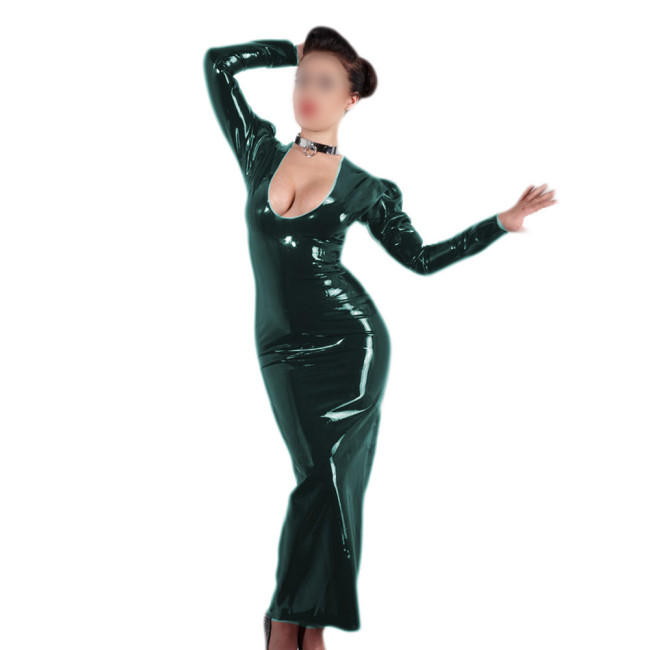 Sexy Vinyl PVC Leather Bodycon Long Dress Hollow Out Long Sleeve Slim Fit Maxi Pencil Dresses Wet Look Evening Party Vestido 7XL