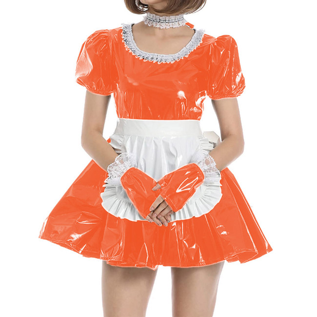 Sexy PVC Sissy Dress Short Sleeve A-line Pleated Dress with Apron Gloves Maid Dress Halloween Party French Uniform Costume 7XL