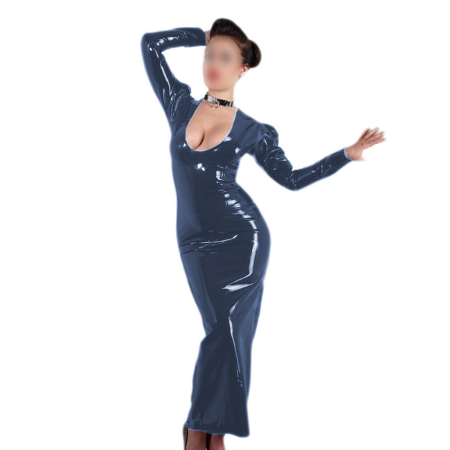 Sexy Vinyl PVC Leather Bodycon Long Dress Hollow Out Long Sleeve Slim Fit Maxi Pencil Dresses Wet Look Evening Party Vestido 7XL