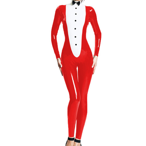 Elegant Sissy Waiter Cosplay Tuxedo Jumpsuit with Bow Nightclub Glossy PVC Leather Long Sleeve Catsuit for Halloween Costumes