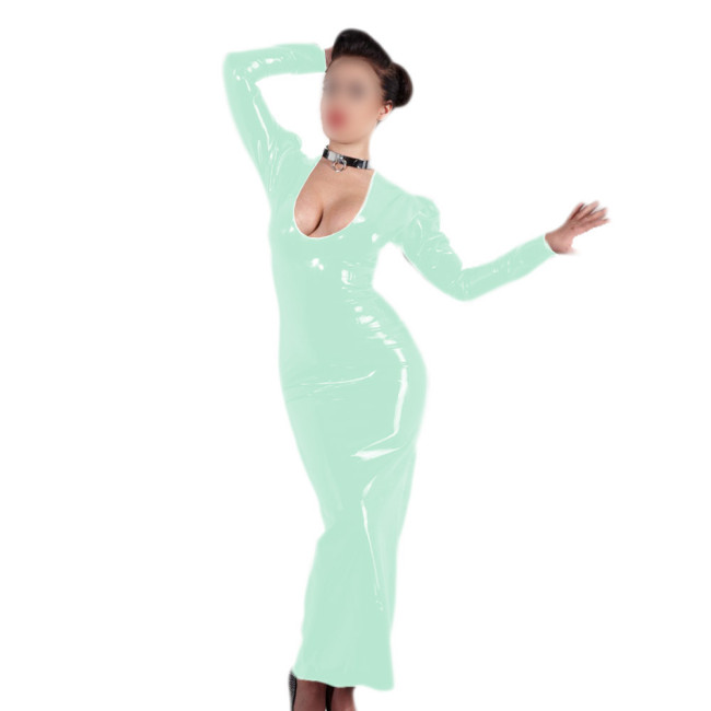 Sexy Vinyl PVC Leather Bodycon Long Dress Hollow Out Long Sleeve Slim Fit Maxi Pencil Dresses Wet Look Evening Party Vestido 7XL