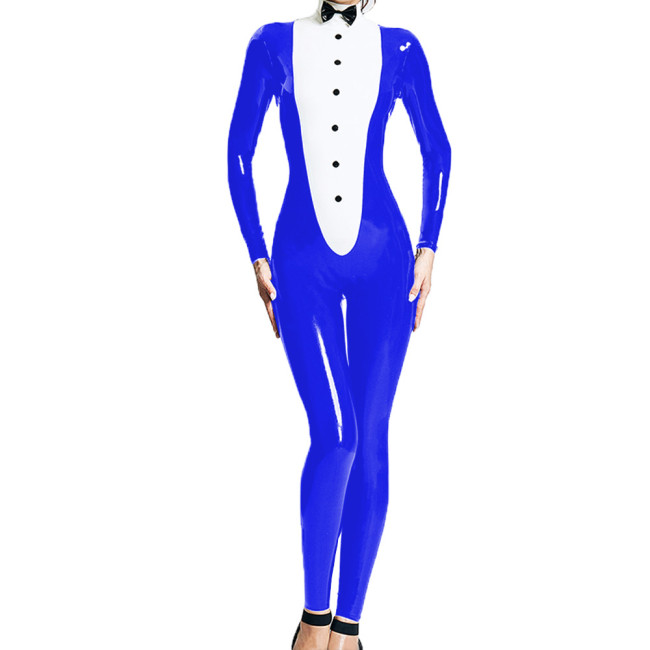 Elegant Sissy Waiter Cosplay Tuxedo Jumpsuit with Bow Nightclub Glossy PVC Leather Long Sleeve Catsuit for Halloween Costumes