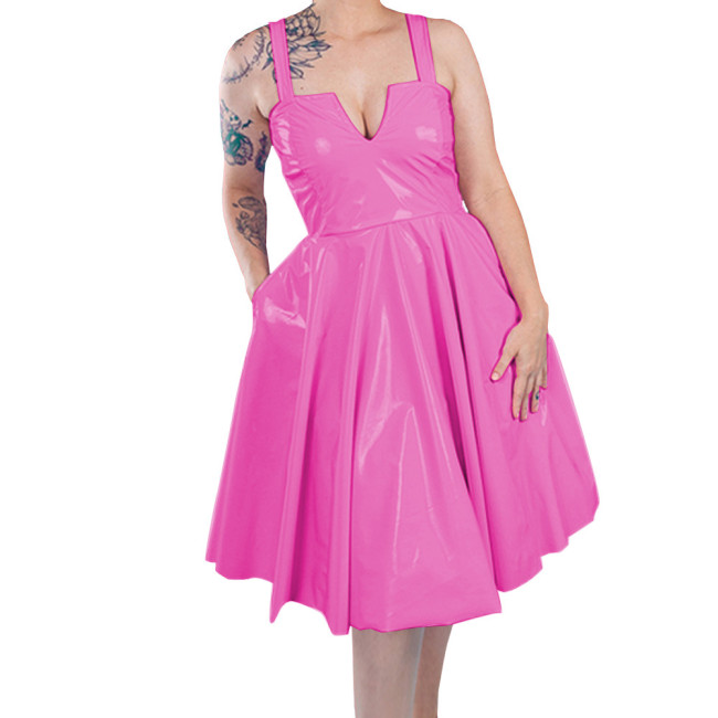 Fashion Sexy Sleeveless Suspender Women Dress Wet PVC Leather Summer Party Midi A-line Dress Female Elegant Dresses Club Vestido