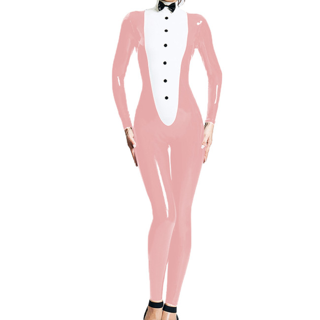 Elegant Sissy Waiter Cosplay Tuxedo Jumpsuit with Bow Nightclub Glossy PVC Leather Long Sleeve Catsuit for Halloween Costumes