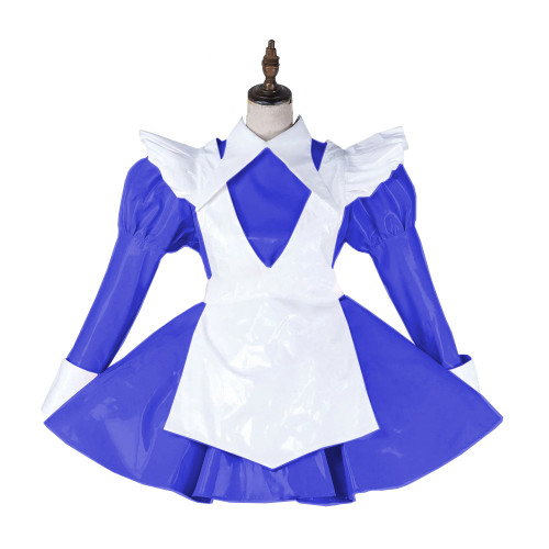 Sexy Sissy Dress PVC Long Sleeve French Maid Outfit Turndown Collar Cosplay Costume Shiny Lolita Dresses Crossdresser 7XL