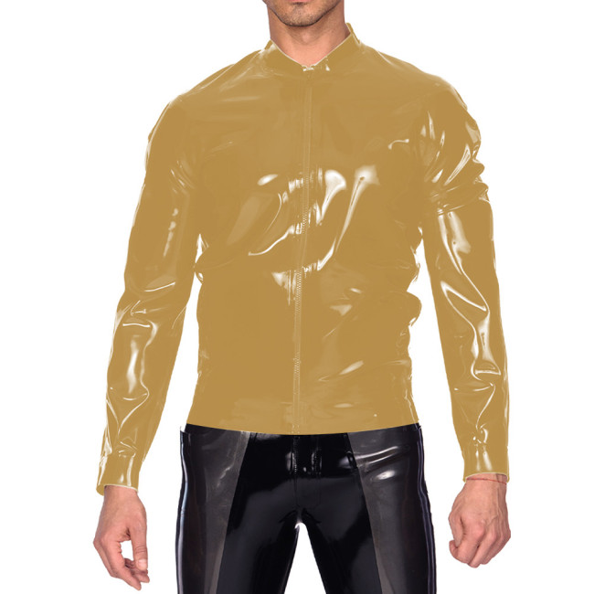 Mens Wetlook Bomber Jacket Glossy PVC Leather High Street Solid Color Coat Male Party Club Casual Fashion Sports Baseball Jacket