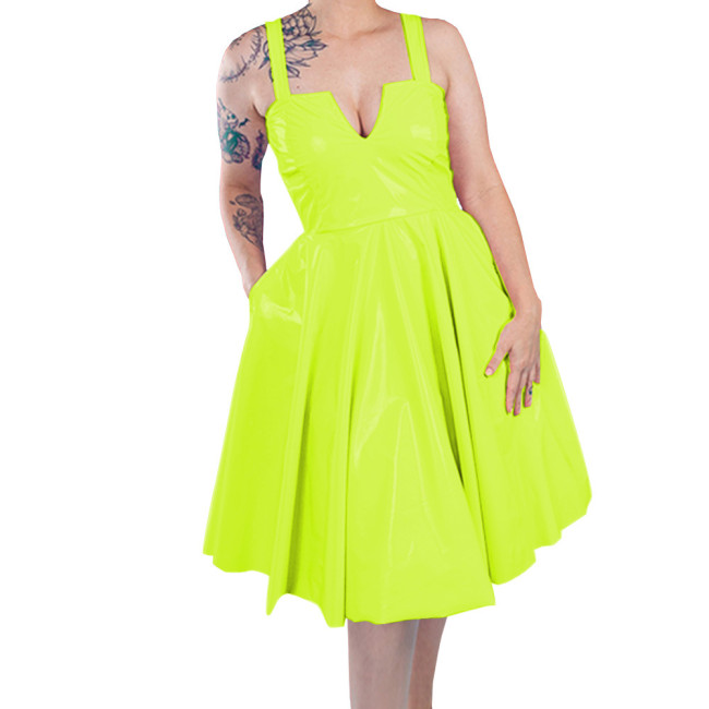 Fashion Sexy Sleeveless Suspender Women Dress Wet PVC Leather Summer Party Midi A-line Dress Female Elegant Dresses Club Vestido