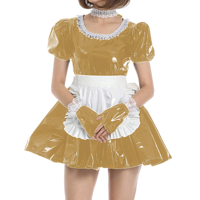 Sexy PVC Sissy Dress Short Sleeve A-line Pleated Dress with Apron Gloves Maid Dress Halloween Party French Uniform Costume 7XL