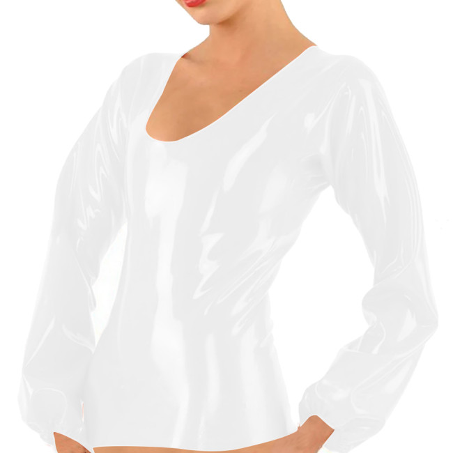 Womens Solid U-Neck Shiny PVC Leather Tops Elegant Lantern Long Sleeve Fashion Casual T-shirt Wetlook Oversized Slim Tops Female