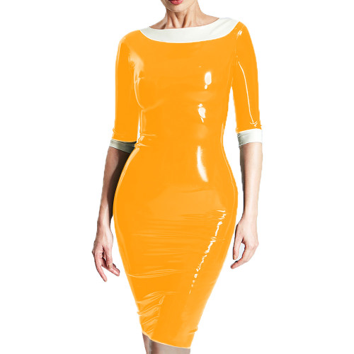 Elegant Round Neck Patchwork Half Sleeve PVC Shiny Dress Womens Slim Fit Knee-Length Dress Female Fashion Street Dresses Wetlook