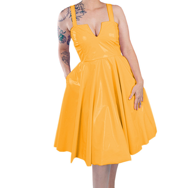 Fashion Sexy Sleeveless Suspender Women Dress Wet PVC Leather Summer Party Midi A-line Dress Female Elegant Dresses Club Vestido