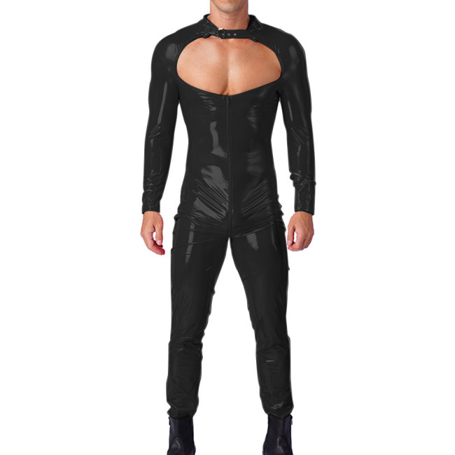 Mens Sexy Hollow Out Long Sleeves PVC Shiny Jumpsuit Male Glossy Round Neck Rompers Exotic Zipper Open Ctotch Catsuit Clubwear