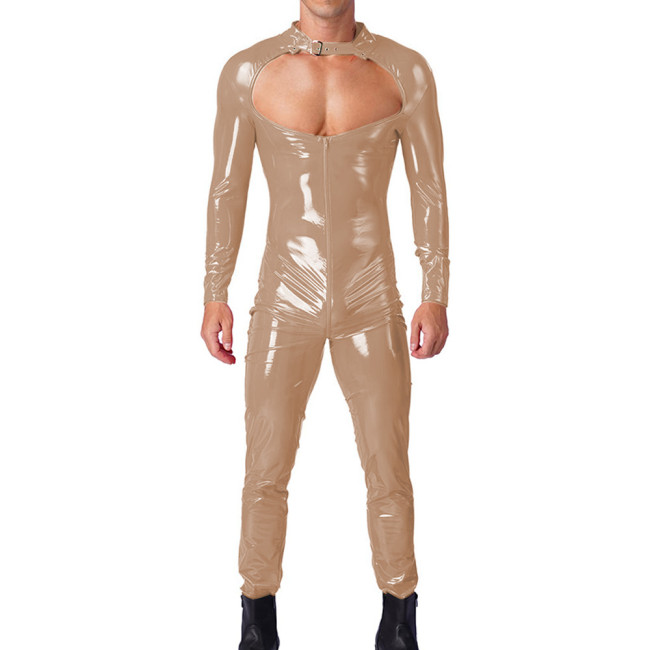 Mens Sexy Hollow Out Long Sleeves PVC Shiny Jumpsuit Male Glossy Round Neck Rompers Exotic Zipper Open Ctotch Catsuit Clubwear