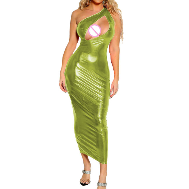 Women's Vinyl Metallic One Shoulder Sleeveless Hollow Out Long Dress Sexy Bodycon Shiny Evening Party Dresses Female Clubwear