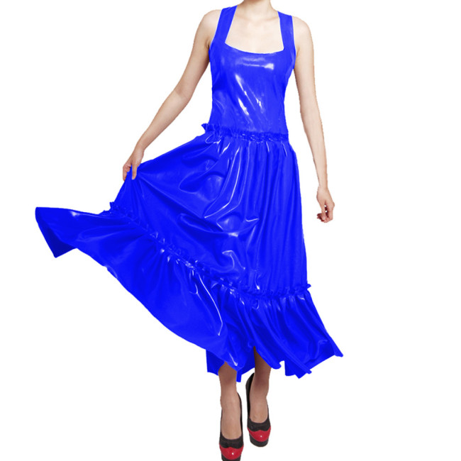 Vintage Elegant Wetlook PVC Leather Sleeveless A-line Long Dress with Ruffles Female Shiny Party Gown Womens Maxi Evening Dress