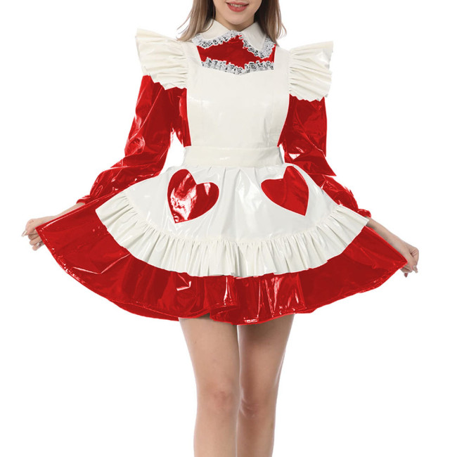 Peter Pan Collar Mini Maid Dress with Ruffle Apron Sweet Kawaii Shiny PVC Leather Sissy Fetish Party Dress Cute Cosplay Clothes