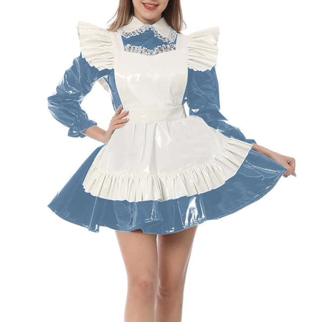 Peter Pan Collar Mini Maid Dress with Ruffle Apron Sweet Kawaii Shiny PVC Leather Sissy Fetish Party Dress Cute Cosplay Clothes