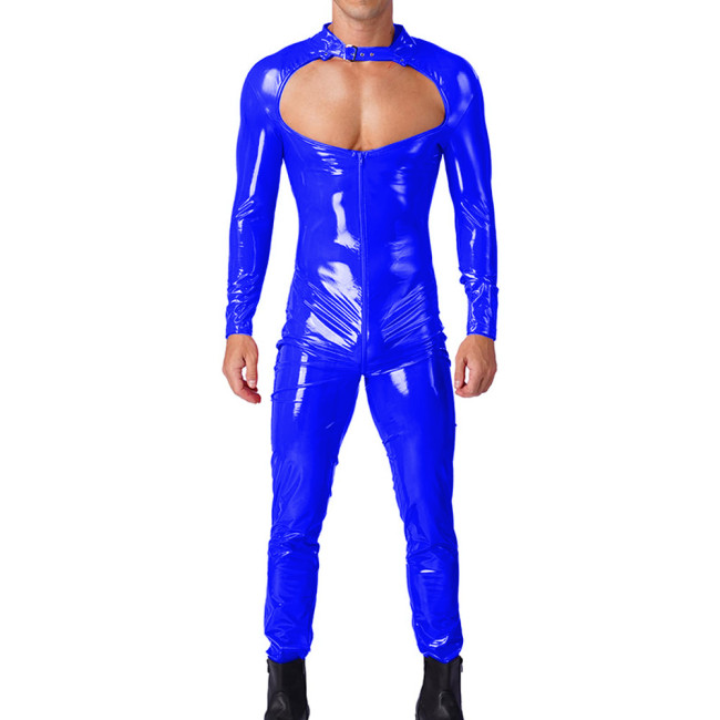 Mens Sexy Hollow Out Long Sleeves PVC Shiny Jumpsuit Male Glossy Round Neck Rompers Exotic Zipper Open Ctotch Catsuit Clubwear