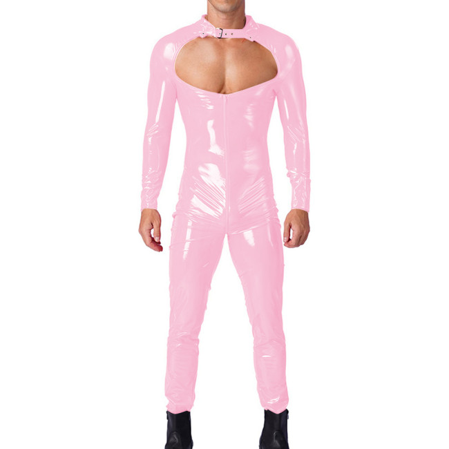 Mens Sexy Hollow Out Long Sleeves PVC Shiny Jumpsuit Male Glossy Round Neck Rompers Exotic Zipper Open Ctotch Catsuit Clubwear