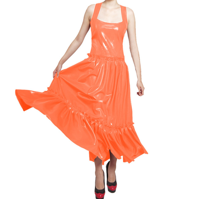 Vintage Elegant Wetlook PVC Leather Sleeveless A-line Long Dress with Ruffles Female Shiny Party Gown Womens Maxi Evening Dress