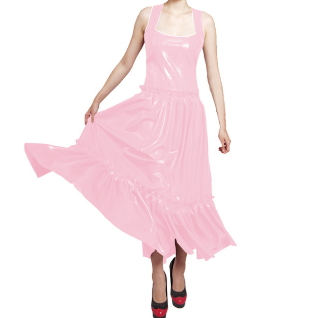 Vintage Elegant Wetlook PVC Leather Sleeveless A-line Long Dress with Ruffles Female Shiny Party Gown Womens Maxi Evening Dress