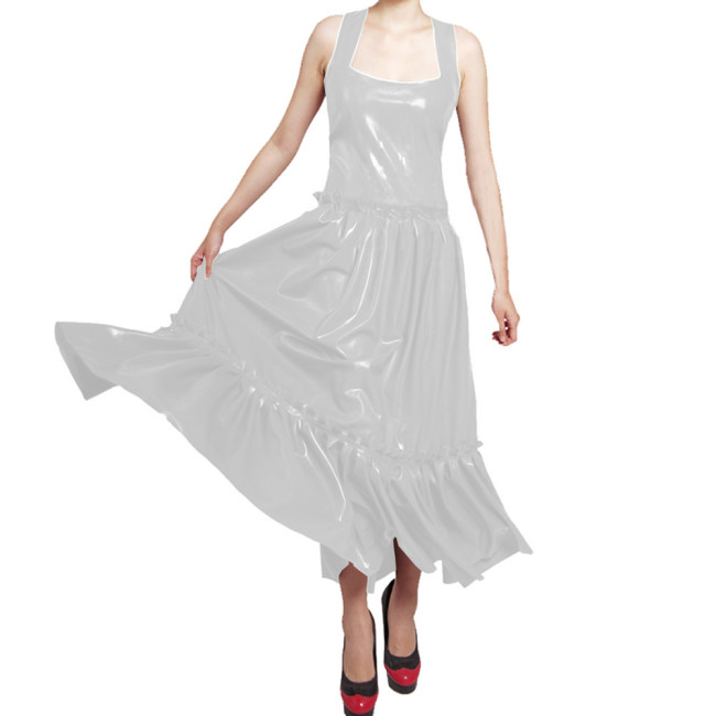 Vintage Elegant Wetlook PVC Leather Sleeveless A-line Long Dress with Ruffles Female Shiny Party Gown Womens Maxi Evening Dress