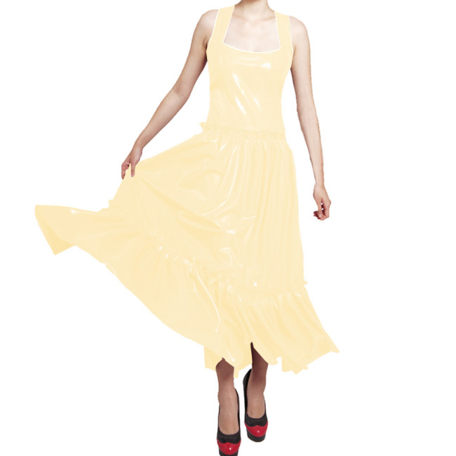 Vintage Elegant Wetlook PVC Leather Sleeveless A-line Long Dress with Ruffles Female Shiny Party Gown Womens Maxi Evening Dress