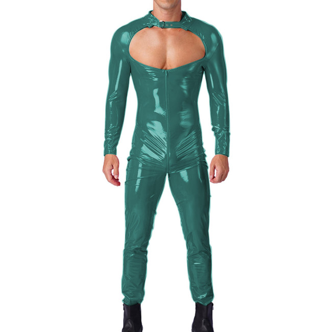 Mens Sexy Hollow Out Long Sleeves PVC Shiny Jumpsuit Male Glossy Round Neck Rompers Exotic Zipper Open Ctotch Catsuit Clubwear