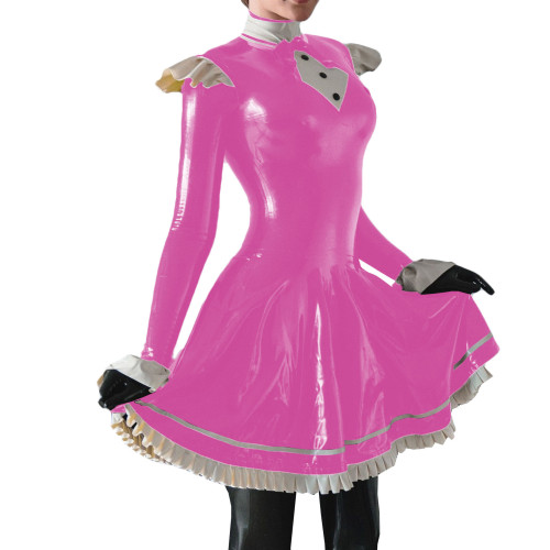 Turtleneck Collar Long Sleeve Sissy Dress Wetlook PVC Fashion Mini Dress Slim Bodycon Pink Dress For Women Party Clubwear 7XL