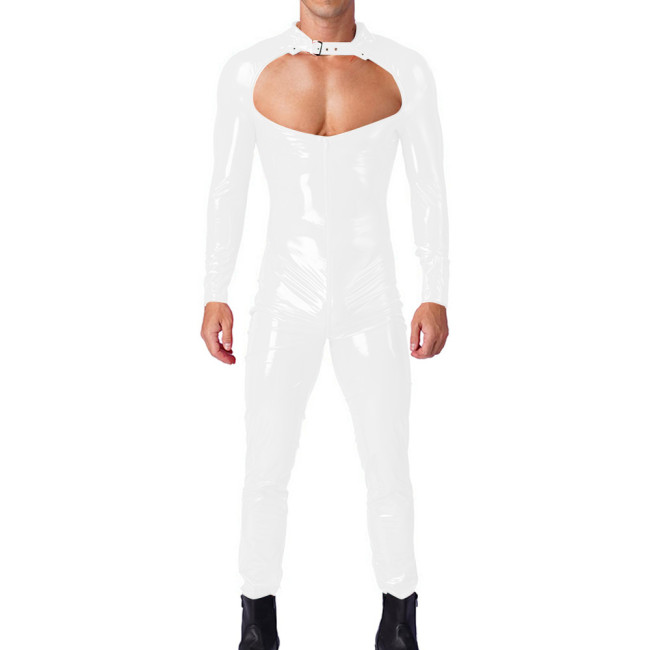 Mens Sexy Hollow Out Long Sleeves PVC Shiny Jumpsuit Male Glossy Round Neck Rompers Exotic Zipper Open Ctotch Catsuit Clubwear