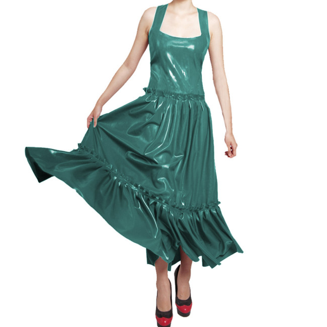 Vintage Elegant Wetlook PVC Leather Sleeveless A-line Long Dress with Ruffles Female Shiny Party Gown Womens Maxi Evening Dress
