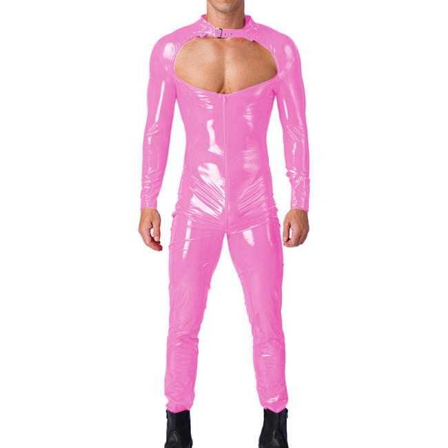 Mens Sexy Hollow Out Long Sleeves PVC Shiny Jumpsuit Male Glossy Round Neck Rompers Exotic Zipper Open Ctotch Catsuit Clubwear