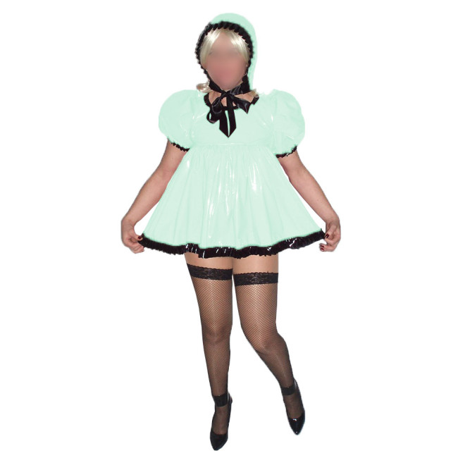 Lolita Ruffles High Waist Dreams Maid Mini A Line Dress Vinyl PVC Leather Party Sweet Girls Hat Cosplay Uniform Wet Look Outfits