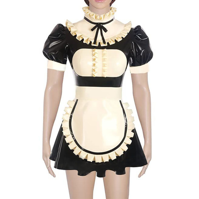 Vintage Ruffles High Neck A-line Maid Dress with Apron Raves Party Patchwork Maid Cosplay Uniforms Fetish PVC Sissy Maid Outfits