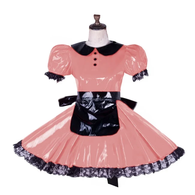 Lockable French Short Puff Sleeve Maid Uniform Suit Unisex ShinY PVC Leather A-line Pleated Dress with Apron Wetlook Cosplay 7XL