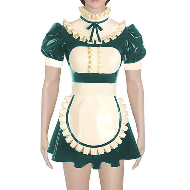 Vintage Ruffles High Neck A-line Maid Dress with Apron Raves Party Patchwork Maid Cosplay Uniforms Fetish PVC Sissy Maid Outfits