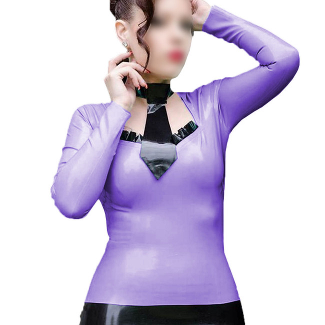 Office Ladies Shiny PVC Leather T-shirts Sexy Long Sleeve Woman Tie Blouse Bodycon Square Collar OL Secretary Tops Female Shirts