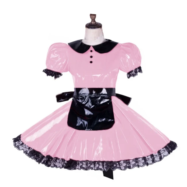 Lockable French Short Puff Sleeve Maid Uniform Suit Unisex ShinY PVC Leather A-line Pleated Dress with Apron Wetlook Cosplay 7XL