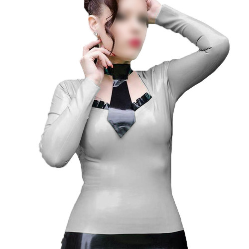 Office Ladies Shiny PVC Leather T-shirts Sexy Long Sleeve Woman Tie Blouse Bodycon Square Collar OL Secretary Tops Female Shirts
