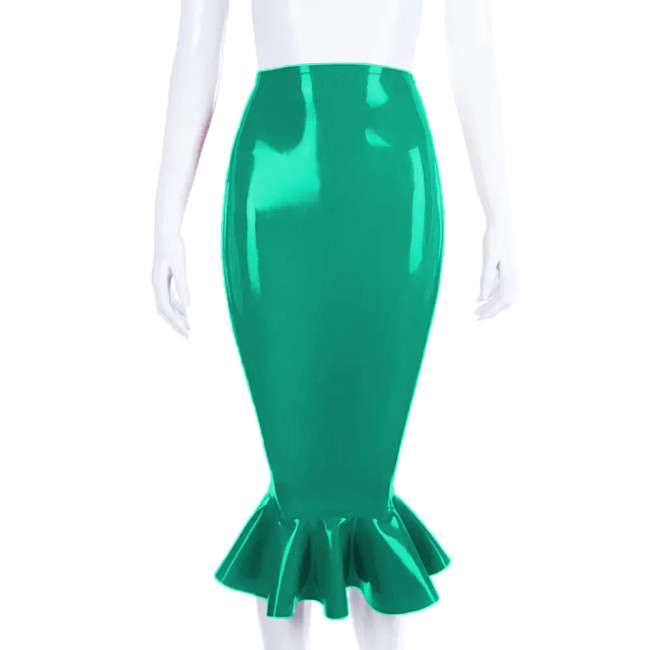 Wet Look Patent Leather High Waist Mermaid Skirt Women ShinY PVC Leather Bodycon Trumpet Long Skirts Nightclub Flare Midi Skirt