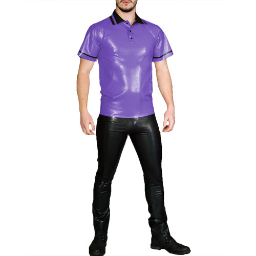 Fashion Shiny PVC Short Sleeve Men Polo Shirt Male Turn-down Neck Casual T-shirts Punk Club Glossy Faux Leather Solid Color Tops