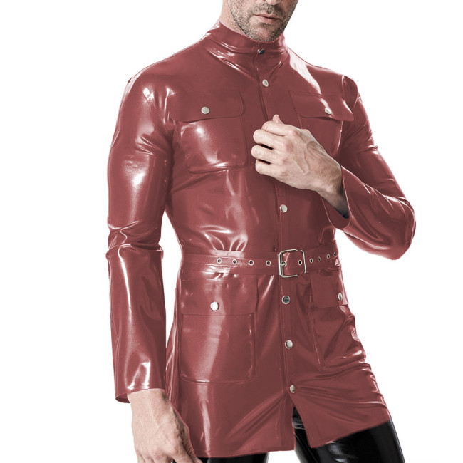 Mens Wetlook PVC Leather Jacket Male Fetish Turtleneck Pocket Long Sleeve Belted Coat Glossy Faux Latex-like Party Tops Clubwear