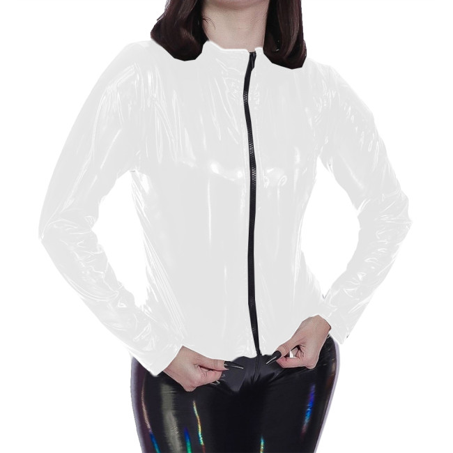 Laser Wet Look PVC Long Sleeve Jackets Glossy Patent Leather Zipper Stand Collar Coats Womens Solid Color Punk Tops Clubwear 7XL