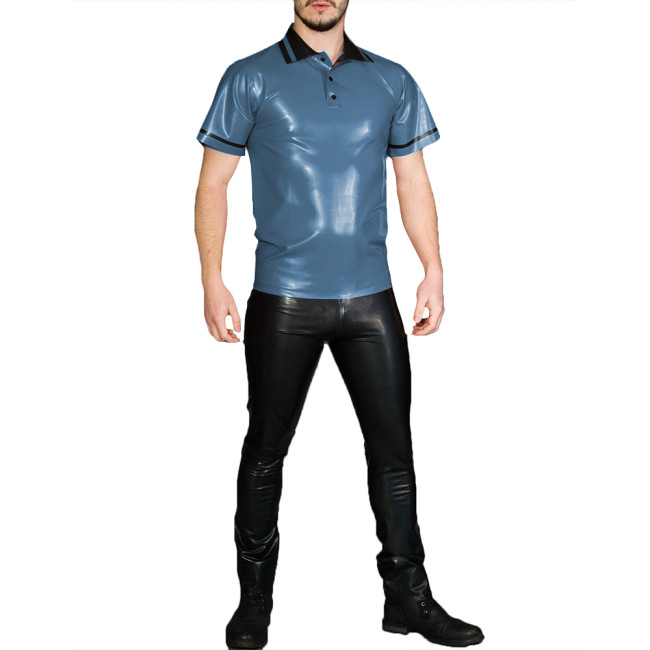 Fashion Shiny PVC Short Sleeve Men Polo Shirt Male Turn-down Neck Casual T-shirts Punk Club Glossy Faux Leather Solid Color Tops