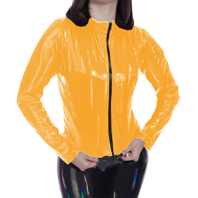 Laser Wet Look PVC Long Sleeve Jackets Glossy Patent Leather Zipper Stand Collar Coats Womens Solid Color Punk Tops Clubwear 7XL